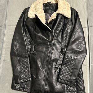 Guess Black Leather Jacket with Cream Fur Collar